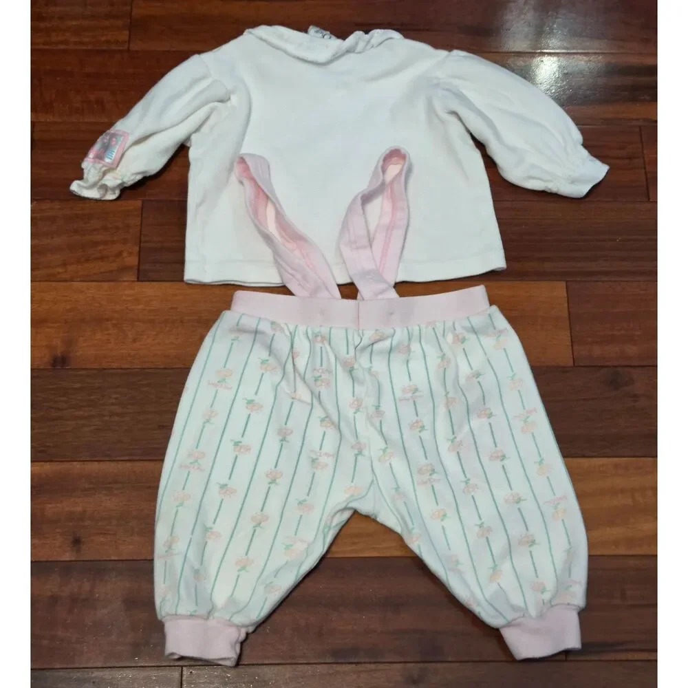 Vintage 90s Baby Dior Girl 2pc Set Ruffle Mock Neck Bow Overalls 6-9M
